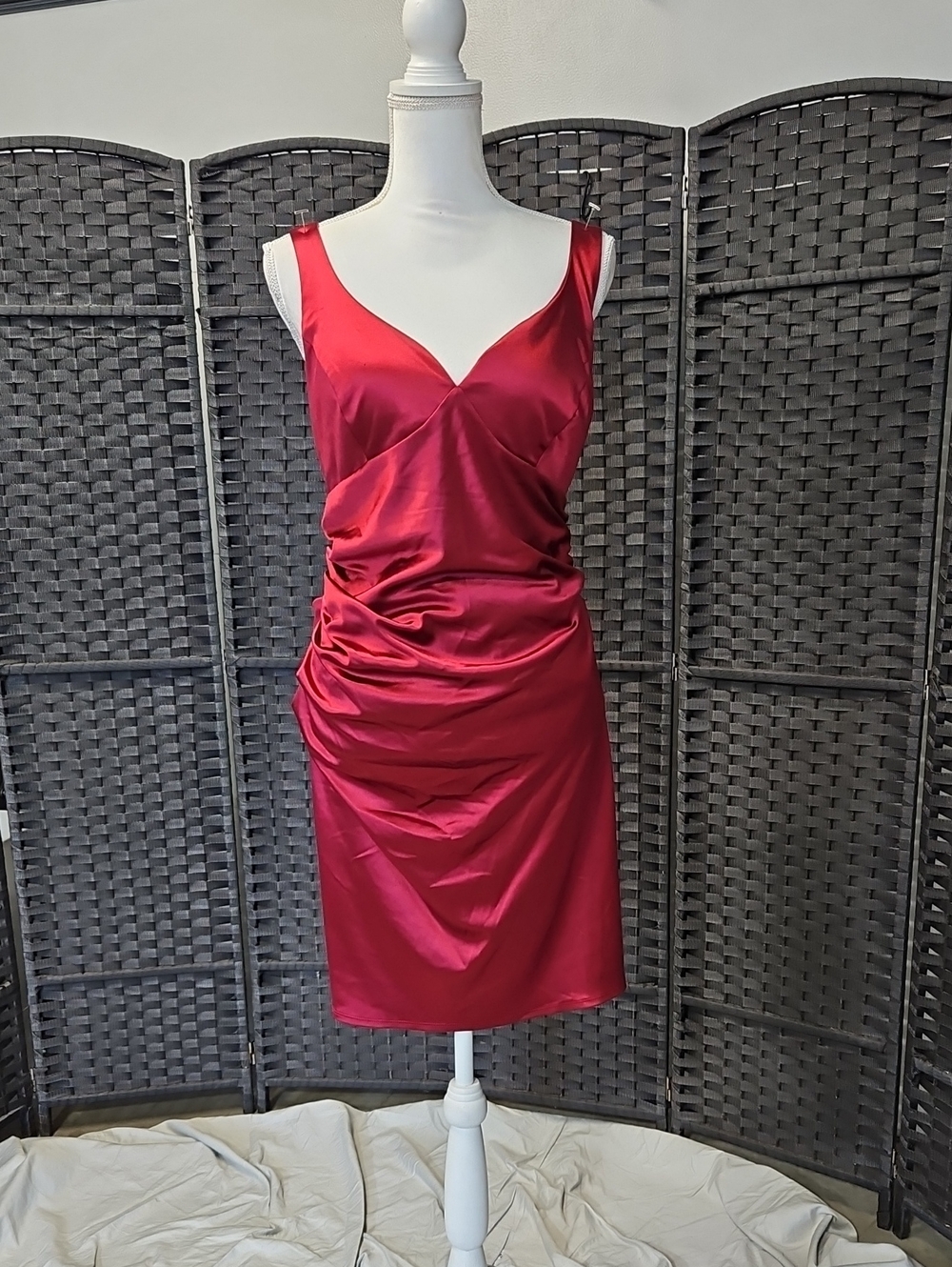 Darling Satin V-Neck Midi Dress in Red